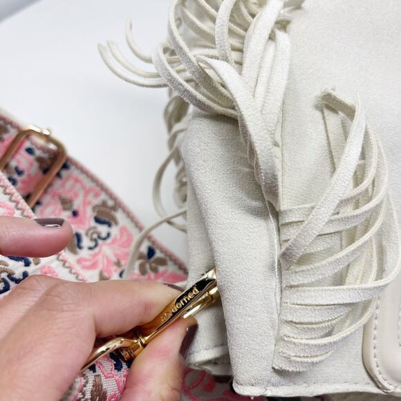 Ahdorned Cream Faux Suede Fringe Crossbody Bag with Pink Brown Wide Boho Strap - Picture 6 of 11